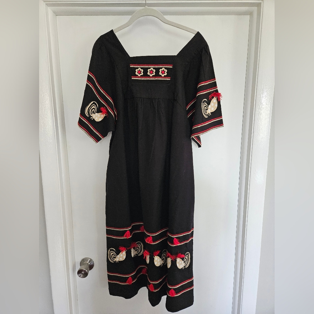Frances Valentine Embroidered Black Dress with Red Accents